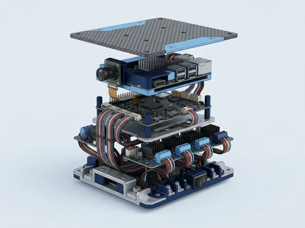Kamera, işlemci kartı ve motor sürücülerinden oluşan elektronik katmanların temsili 3B görseli