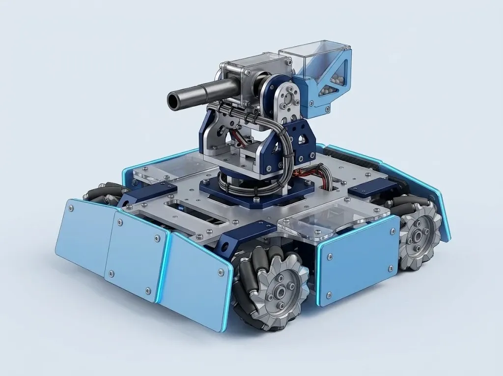 Mekanum tekerlekli şasi, iki eksenli taret ve zırh panelleriyle bir yarışma robotunun temsili 3B görseli